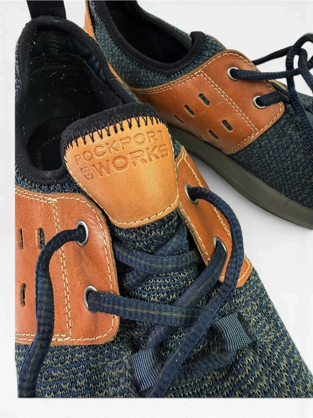 Rockport Works truFLEX Shoes RK4691 Navy Blue Brown Leather Lace Up Men’s 10.5 W